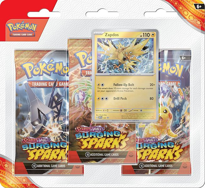Pokémon TCG – Surging Sparks 3-Pack Blister + Zapdos (Inglês)